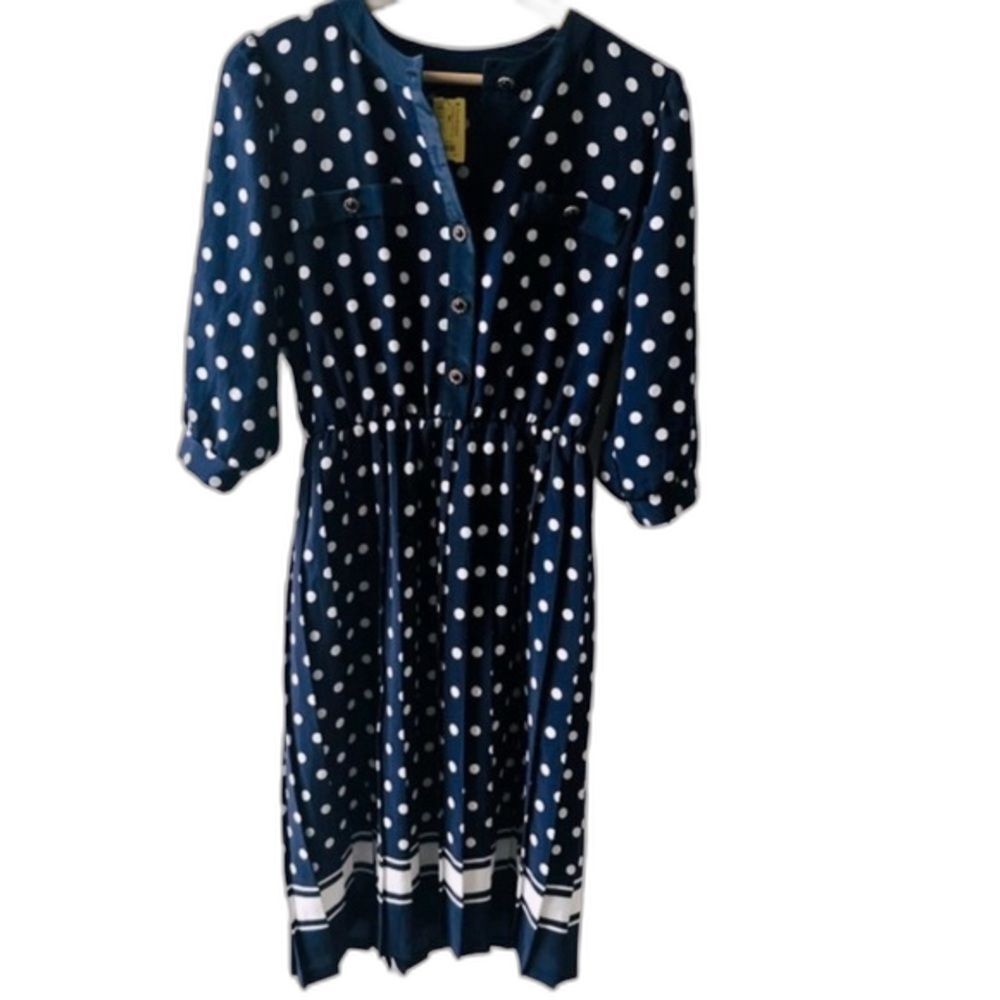 Vintage Breli Originals Blue Polka Dot Midi Dress Size 6 retro 80s Navy kitschy